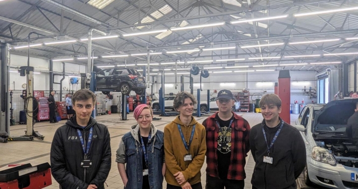 Motor Vehicle students Jamie Cooke, Cory Keele, Josh Eaton-Brown, Henry Porteus during their visit to RRG in Macclesfield. James Chrichton